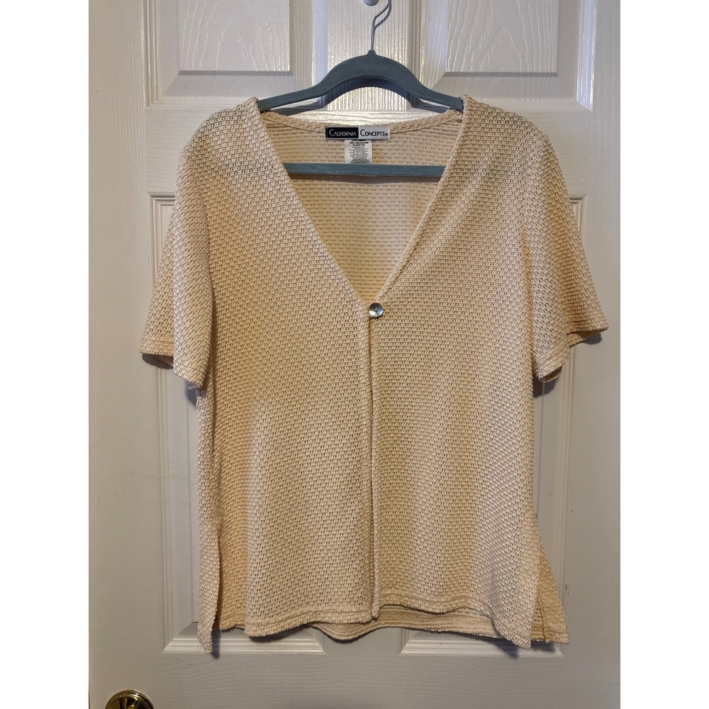 CALIFORNIA CONCEPTS Knitted Open Front Cardigan Top Beige Short Sleeve Button